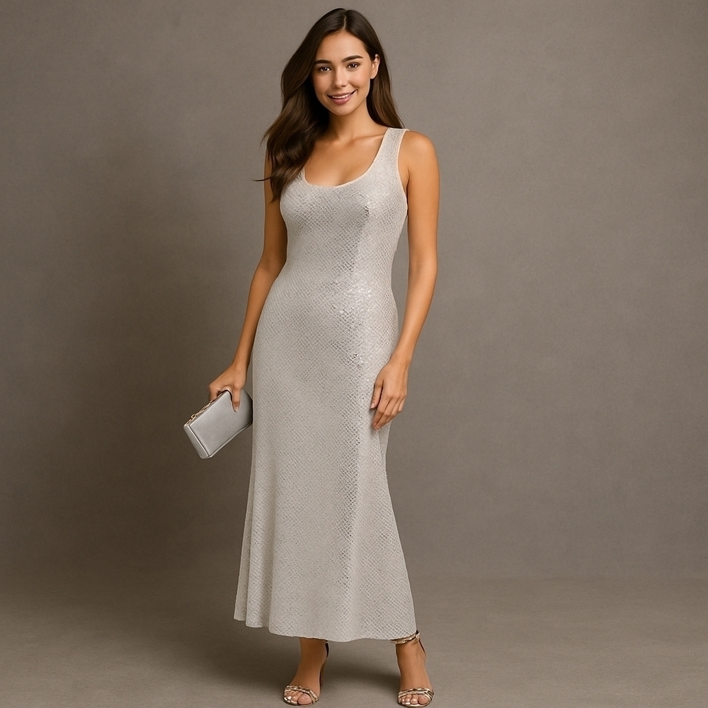 VTG Y2K, Be Smart Silver Dots Maxi Gown Dress  Jr. Size 7/8 WM 4